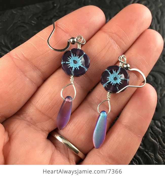 Purple and Blue Glass Hawaiian Flower and Aurora Borealis Dagger Earrings with Silver Wire - #cb6VLYNxELo-3