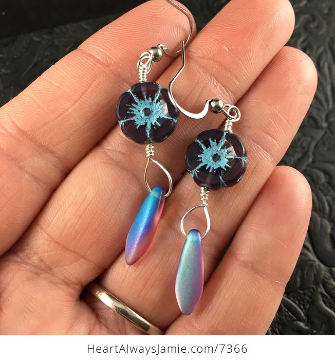 Purple and Blue Glass Hawaiian Flower and Aurora Borealis Dagger Earrings with Silver Wire - #cb6VLYNxELo-2
