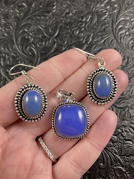 Purple Blue Chalcedony Crystal Stone Jewelry Pendant and Earring Set #LqntX5Dz0es