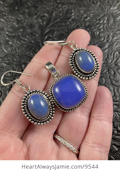 Purple Blue Chalcedony Crystal Stone Jewelry Pendant and Earring Set - #LqntX5Dz0es-3
