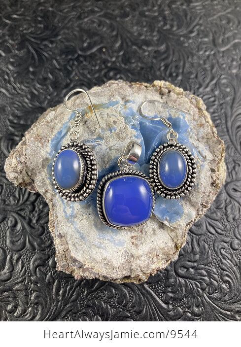 Purple Blue Chalcedony Crystal Stone Jewelry Pendant and Earring Set - #LqntX5Dz0es-7