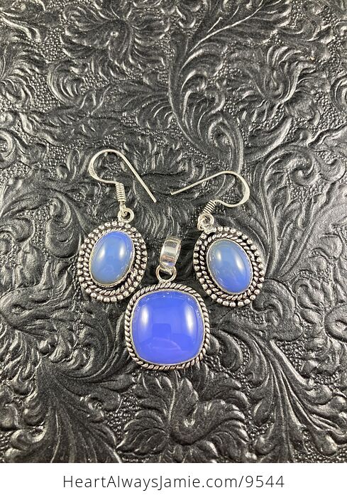 Purple Blue Chalcedony Crystal Stone Jewelry Pendant and Earring Set - #LqntX5Dz0es-2