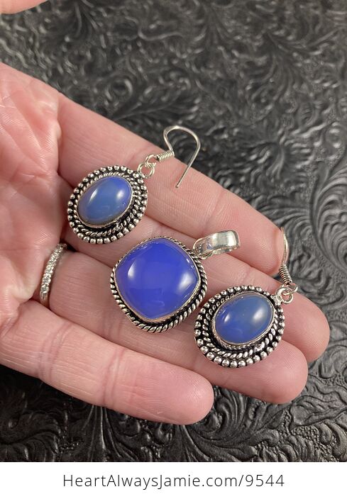 Purple Blue Chalcedony Crystal Stone Jewelry Pendant and Earring Set - #LqntX5Dz0es-5