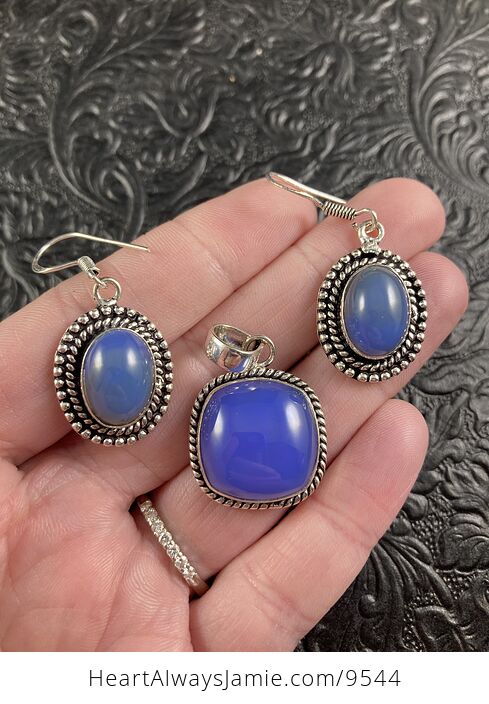 Purple Blue Chalcedony Crystal Stone Jewelry Pendant and Earring Set - #LqntX5Dz0es-1