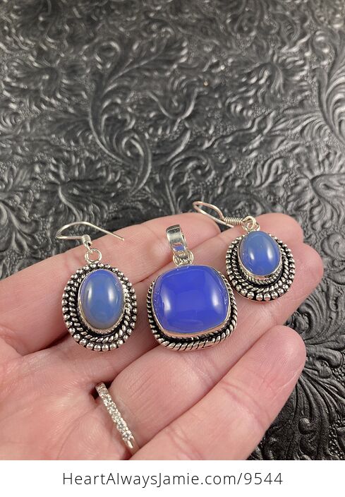Purple Blue Chalcedony Crystal Stone Jewelry Pendant and Earring Set - #LqntX5Dz0es-4