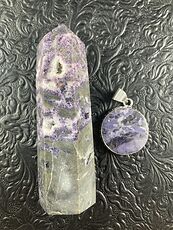 Purple Brecciated Fluorite Crystal Stone Jewelry Pendant and Purple Sphalerite Tower Gift Set #Q7KvCmum8Ic