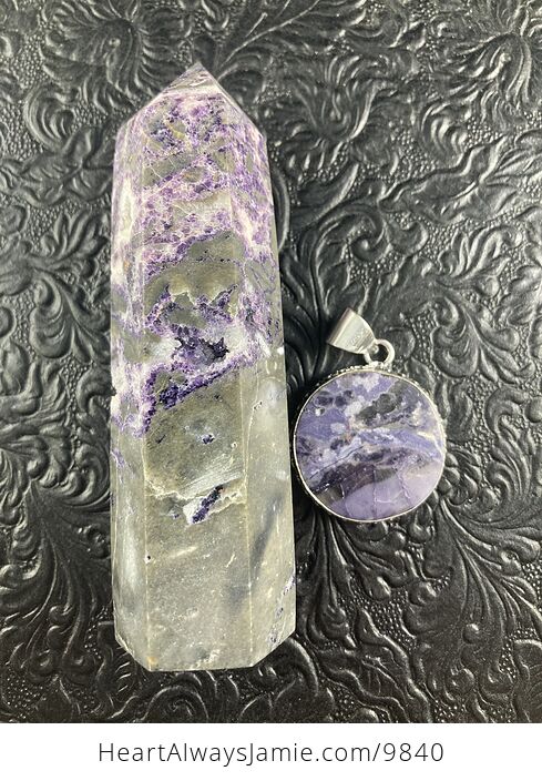 Purple Brecciated Fluorite Crystal Stone Jewelry Pendant and Purple Sphalerite Tower Gift Set - #Q7KvCmum8Ic-5