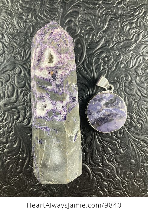 Purple Brecciated Fluorite Crystal Stone Jewelry Pendant and Purple Sphalerite Tower Gift Set - #Q7KvCmum8Ic-1