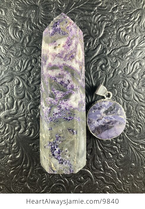 Purple Brecciated Fluorite Crystal Stone Jewelry Pendant and Purple Sphalerite Tower Gift Set - #Q7KvCmum8Ic-3