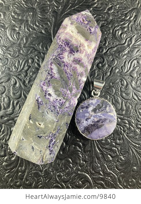 Purple Brecciated Fluorite Crystal Stone Jewelry Pendant and Purple Sphalerite Tower Gift Set - #Q7KvCmum8Ic-2