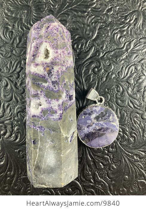 Purple Brecciated Fluorite Crystal Stone Jewelry Pendant and Purple Sphalerite Tower Gift Set - #Q7KvCmum8Ic-4