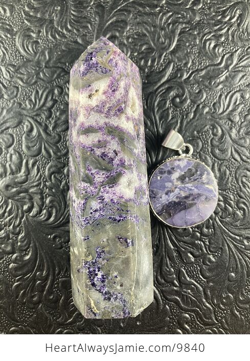 Purple Brecciated Fluorite Crystal Stone Jewelry Pendant and Purple Sphalerite Tower Gift Set - #Q7KvCmum8Ic-9