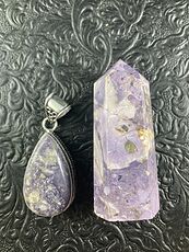Purple Brecciated Fluorite Crystal Stone Jewelry Pendant and Tower Gift Set #LVcsvpj2PKc