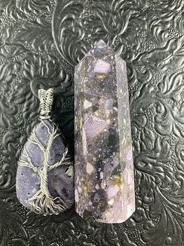 Purple Brecciated Fluorite Crystal Stone Jewelry Pendant and Tower Gift Set #A3dYPeK4gKk