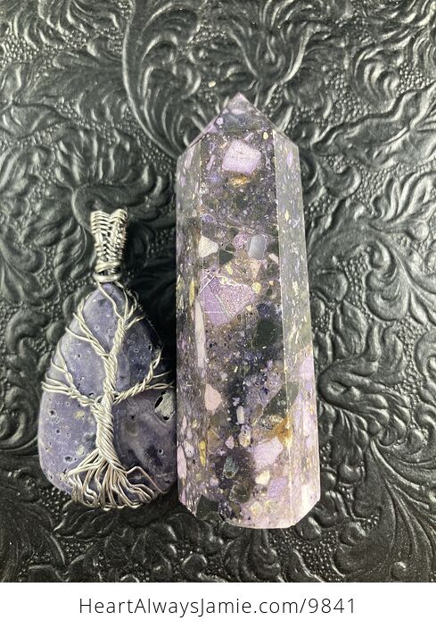 Purple Brecciated Fluorite Crystal Stone Jewelry Pendant and Tower Gift Set - #A3dYPeK4gKk-1