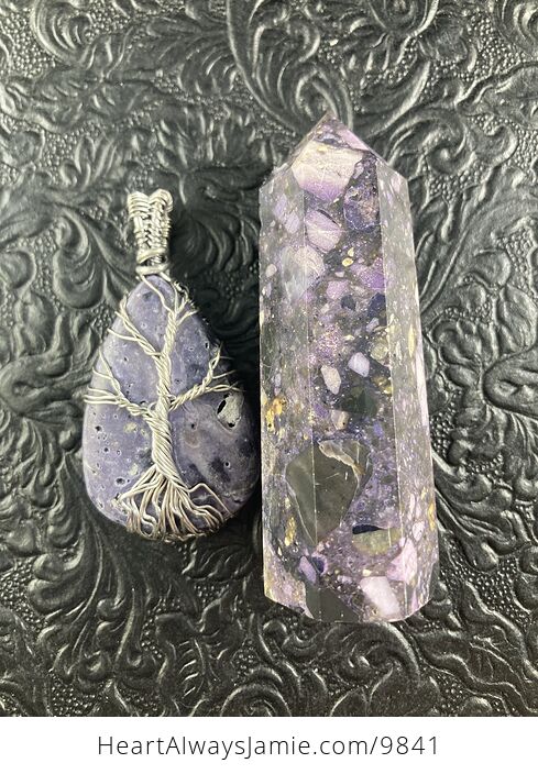Purple Brecciated Fluorite Crystal Stone Jewelry Pendant and Tower Gift Set - #A3dYPeK4gKk-7