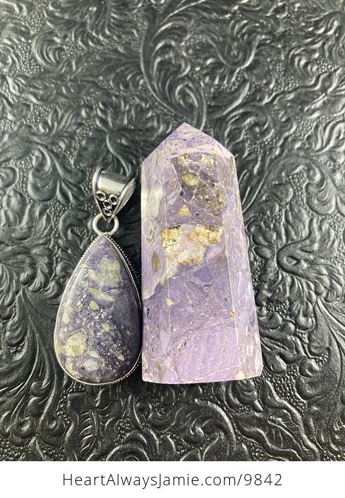 Purple Brecciated Fluorite Crystal Stone Jewelry Pendant and Tower Gift Set - #LVcsvpj2PKc-4