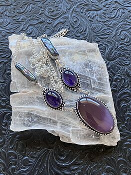 Purple Cats Eye Amethyst and Biwa Pearl Necklace Stone Crystal Jewelry #Ej2Yl8Kd3wM
