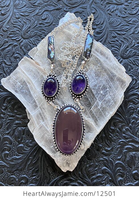 Purple Cats Eye Amethyst and Biwa Pearl Necklace Stone Crystal Jewelry - #Ej2Yl8Kd3wM-2