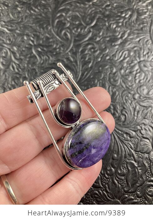 Purple Charoite and Amethyst Crystal Stone Jewelry Pendant - #hBPE7E38uYQ-3