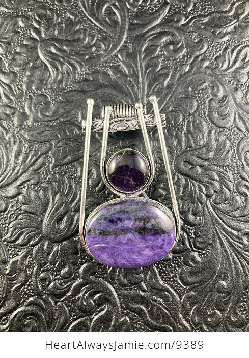 Purple Charoite and Amethyst Crystal Stone Jewelry Pendant - #hBPE7E38uYQ-1