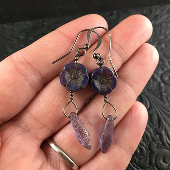 Purple Glass Hawaiian Flower and Gold and Purple Etched Dagger Earrings with Black Wire #bJhKuYQw0g0