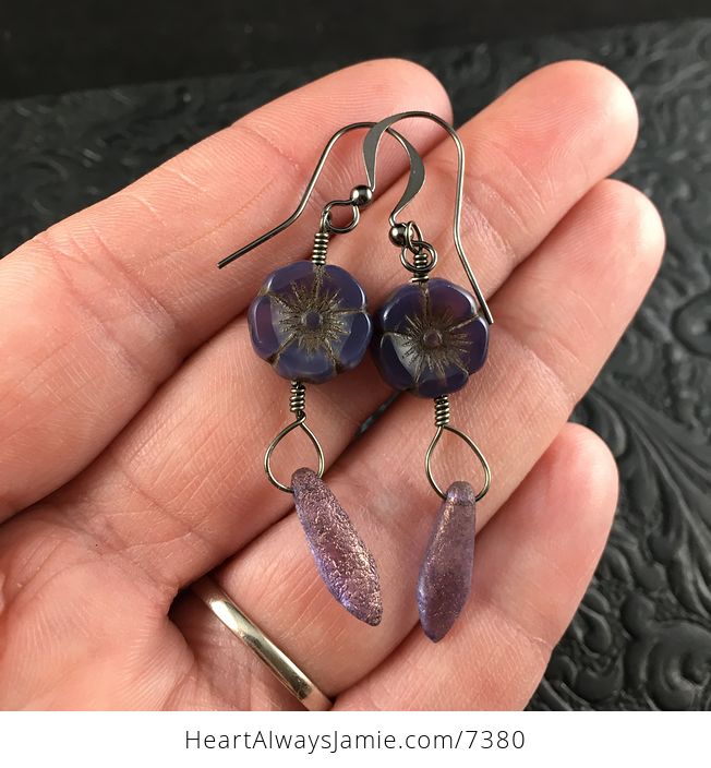 Purple Glass Hawaiian Flower and Gold and Purple Etched Dagger Earrings with Black Wire - #bJhKuYQw0g0-1