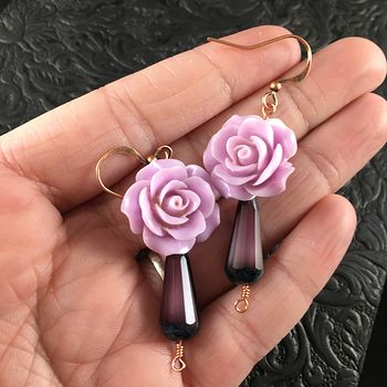 Purple Rose and Glass Drop Earrings with Copper Wire #qL0OQl3biOo