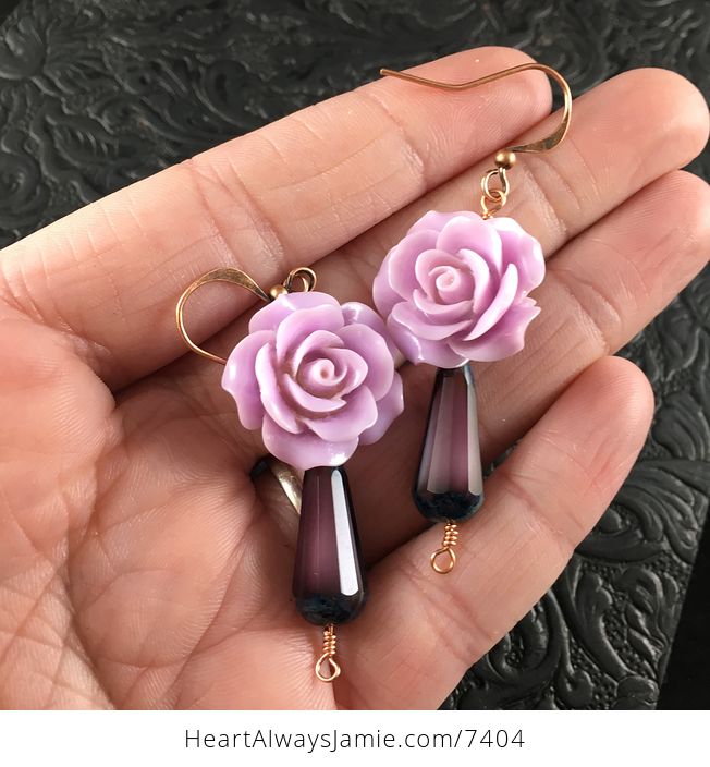 Purple Rose and Glass Drop Earrings with Copper Wire - #qL0OQl3biOo-1