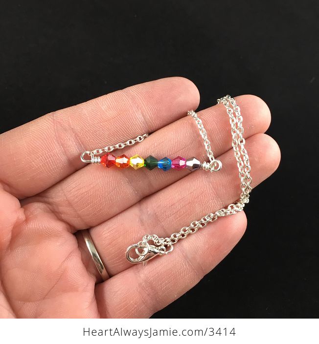 Rainbow Colored Beaded Bar Pendant Necklace with a Silver Chain - #HTba80lNPGs-3