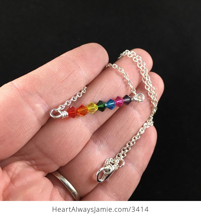 Rainbow Colored Beaded Bar Pendant Necklace with a Silver Chain - #HTba80lNPGs-4