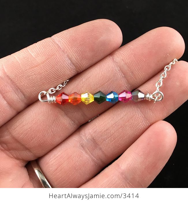 Rainbow Colored Beaded Bar Pendant Necklace with a Silver Chain - #HTba80lNPGs-2