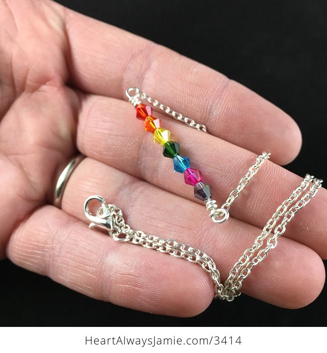 Rainbow Colored Beaded Bar Pendant Necklace with a Silver Chain - #HTba80lNPGs-1