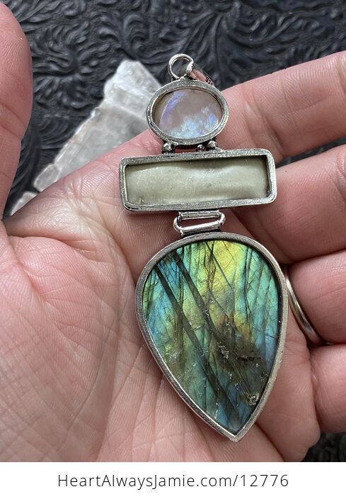 Rainbow Moonstone Abalone and Labradorite Gemstone Crystal Jewelry Pendant - #SXd82CvFeic-5