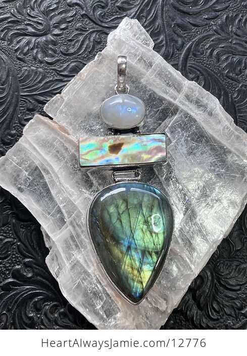 Rainbow Moonstone Abalone and Labradorite Gemstone Crystal Jewelry Pendant - #SXd82CvFeic-1