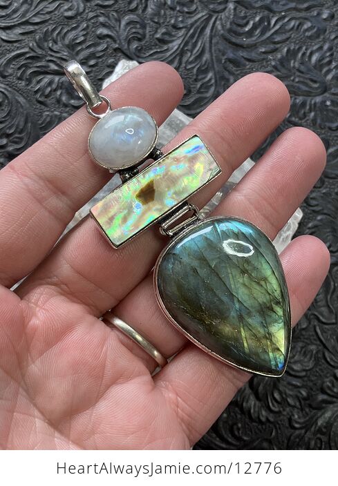 Rainbow Moonstone Abalone and Labradorite Gemstone Crystal Jewelry Pendant - #SXd82CvFeic-3