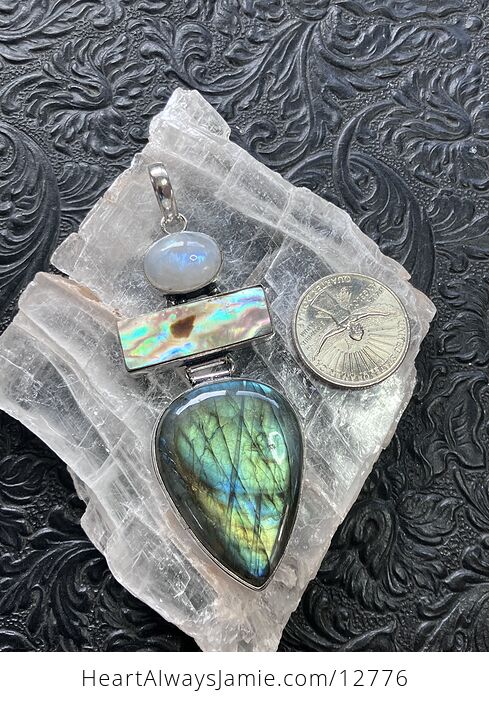 Rainbow Moonstone Abalone and Labradorite Gemstone Crystal Jewelry Pendant - #SXd82CvFeic-6