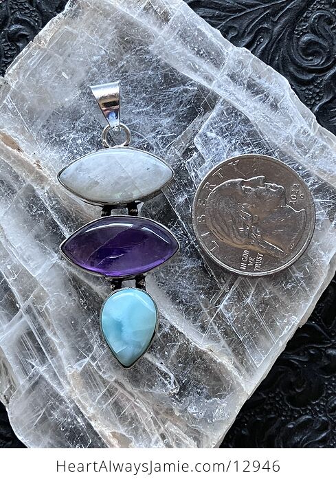 Rainbow Moonstone Amethyst and Larimar Pendant Crystal Stone Jewelry - #QwXxyklJFVI-9