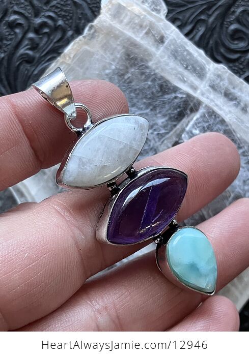 Rainbow Moonstone Amethyst and Larimar Pendant Crystal Stone Jewelry - #QwXxyklJFVI-6