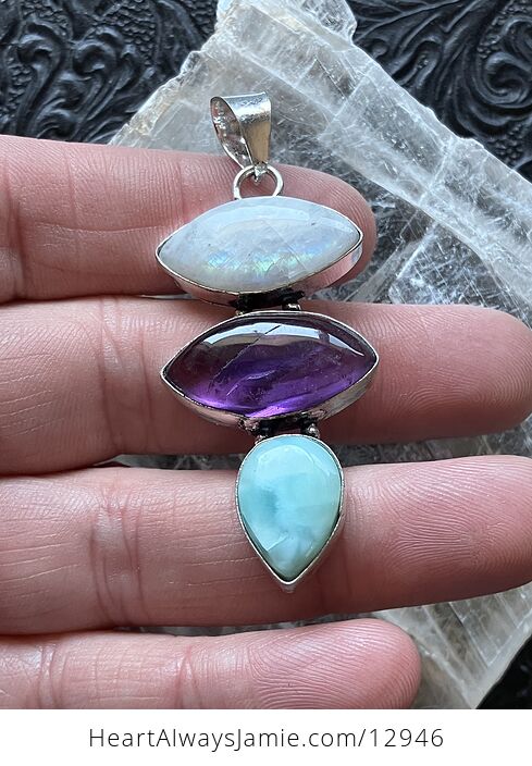 Rainbow Moonstone Amethyst and Larimar Pendant Crystal Stone Jewelry - #QwXxyklJFVI-7