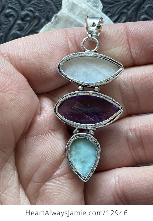 Rainbow Moonstone Amethyst and Larimar Pendant Crystal Stone Jewelry - #QwXxyklJFVI-4