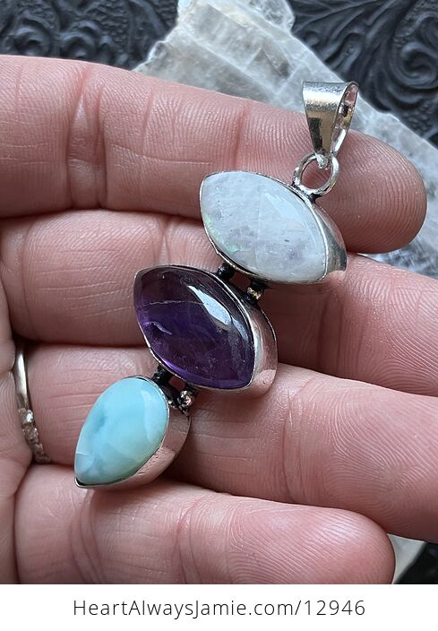 Rainbow Moonstone Amethyst and Larimar Pendant Crystal Stone Jewelry - #QwXxyklJFVI-5