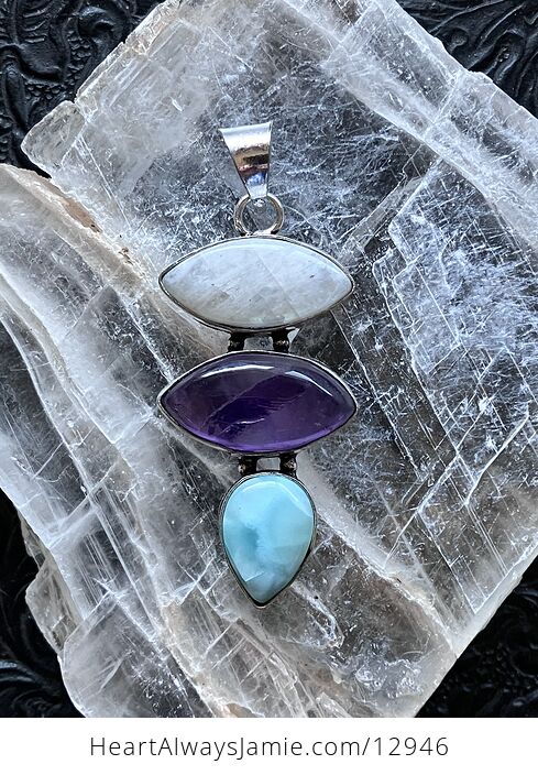 Rainbow Moonstone Amethyst and Larimar Pendant Crystal Stone Jewelry - #QwXxyklJFVI-10