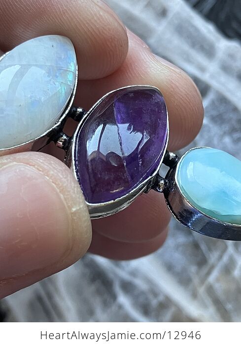 Rainbow Moonstone Amethyst and Larimar Pendant Crystal Stone Jewelry - #QwXxyklJFVI-3