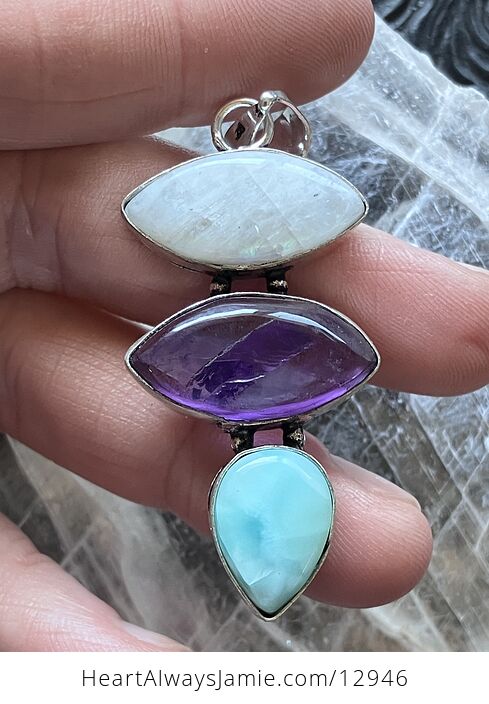 Rainbow Moonstone Amethyst and Larimar Pendant Crystal Stone Jewelry - #QwXxyklJFVI-1