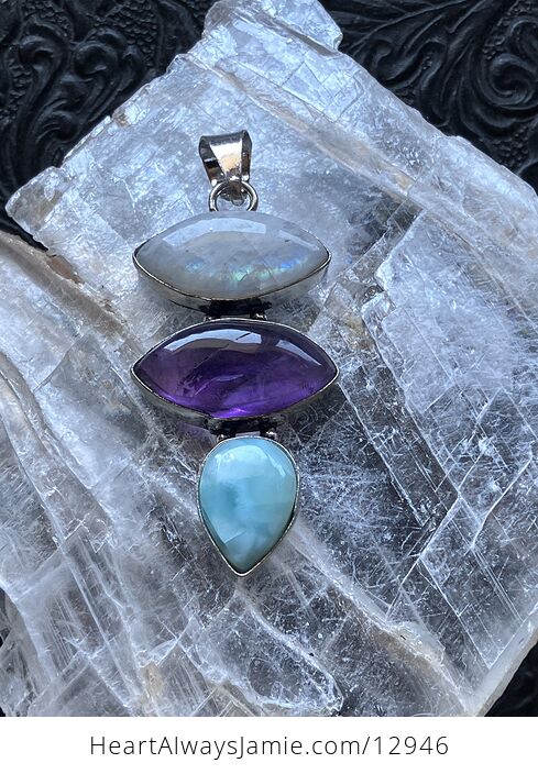 Rainbow Moonstone Amethyst and Larimar Pendant Crystal Stone Jewelry - #QwXxyklJFVI-8