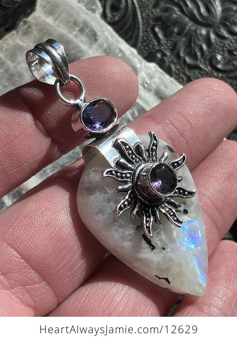 Rainbow Moonstone and Amethyst Sun Gemstone Crystal Jewelry Pendant - #CZUx6MJ76Ko-9