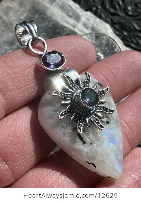 Rainbow Moonstone and Amethyst Sun Gemstone Crystal Jewelry Pendant - #CZUx6MJ76Ko-3