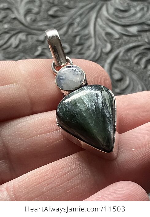Rainbow Moonstone and Green Seraphinite Stone Jewelry Crystal Pendant - #EwybDTmC32g-4