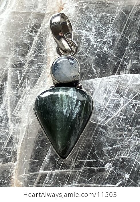 Rainbow Moonstone and Green Seraphinite Stone Jewelry Crystal Pendant - #EwybDTmC32g-1